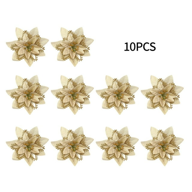10Pcs Christmas Glitter Artificial Poinsettia Flowers Xmas Poinsettia Artificial Wedding Flowers Decorations Xmas Tree Ornaments for Party Favors, 5.6inch