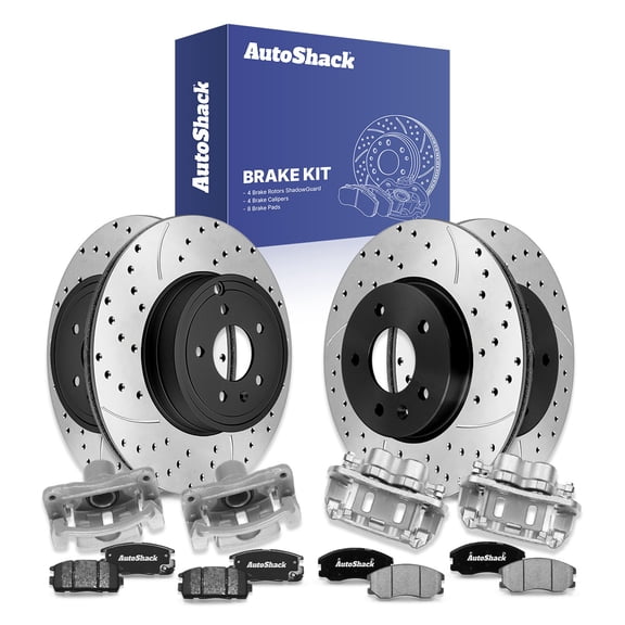 AutoShack Front Vented & Rear Vented Drilled & Slotted E-Coated Brake Rotors   Ceramic Pads   Calipers 16-PC Brake Kit Replacement for 2007-2009 Chevrolet Equinox 2008-2010 Saturn Vue ShadowGuard