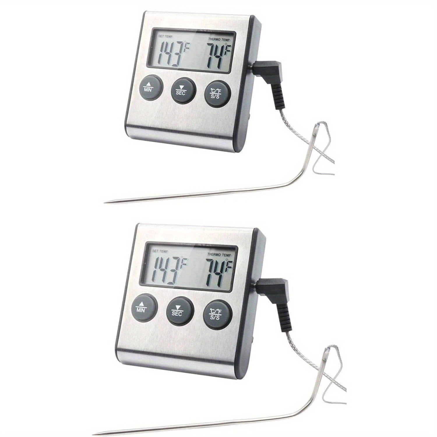 Digital Oven Meat Thermometer 2 Pack with Probe, Large LCD Instant Read Grill Thermometer & Timer for Smoker BBQ Turkey Kitchen Roasting, Stainless Steel