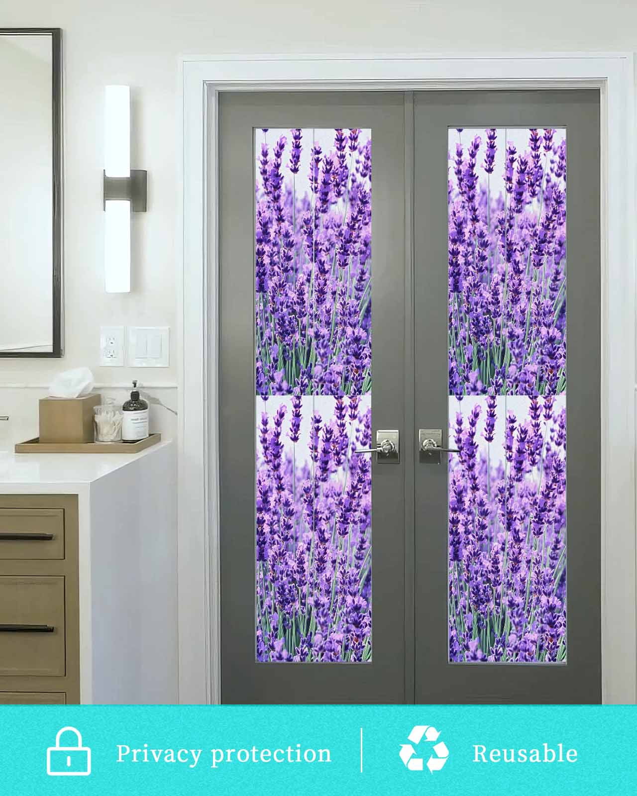 Window Privacy Film Lavender Botanical Art Stained Glass Window Film Decorative Sun Block Window Cover Verdant Flower Purple Window Clings Static Adhesive Sticker for Bathroom 23.6"x78.7"
