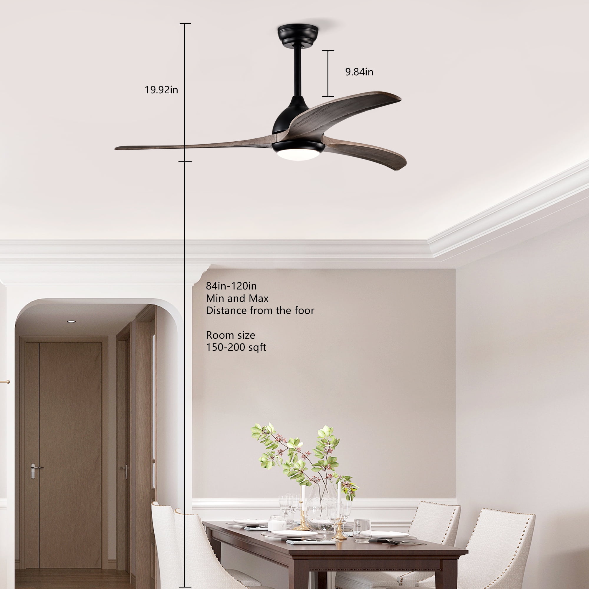 Ceiling Fan with Light, 52 Inch Reversible Noiseless Fan for Home Indoor Living Bedroom, Matte Black