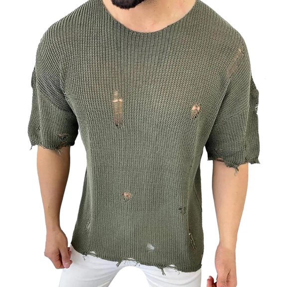 FINALGANG Mens Solid Color Crew Neck Short Sleeve Knit TShirt With Distressed Ripped Frayed Loose Fit For Casual Wear Festival Activities Soft Tee