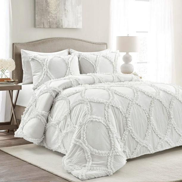 Lush Decor Riviera Ruffle Comforter, King, White, 3Pc Set