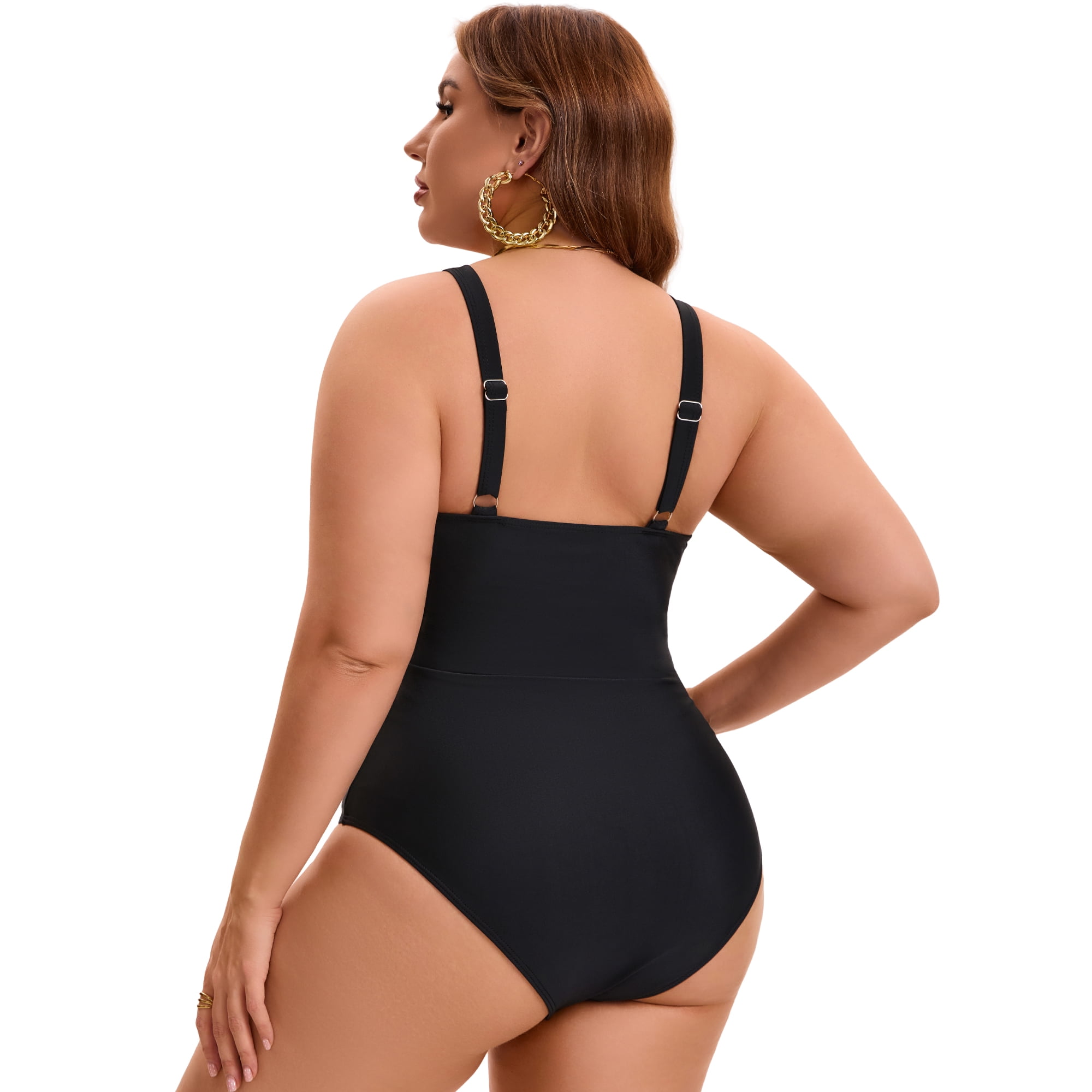 DARING DIVA Women's Plus 1 Pc Bathing Suit with Tummy Control and V-Neck 4X Black