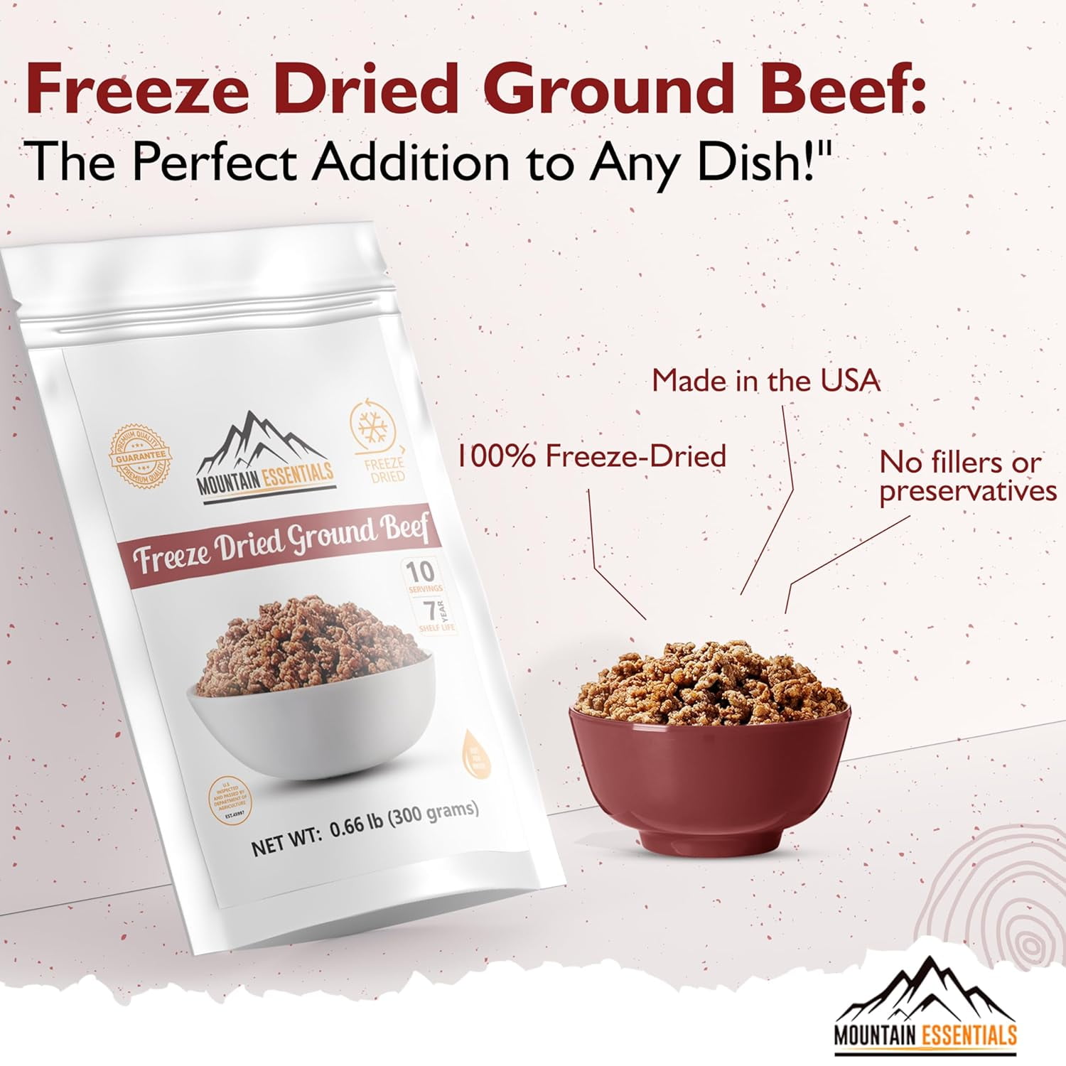 MOUNTAIN ESSENTIALS Freeze Dried Ground Beef Fully Cooked | Ready to Eat | No Water Added | No Preservatives | Survival & Emergency Food For Hunting, Backpacking & Camping Food 10 serving (300g/Pouch)