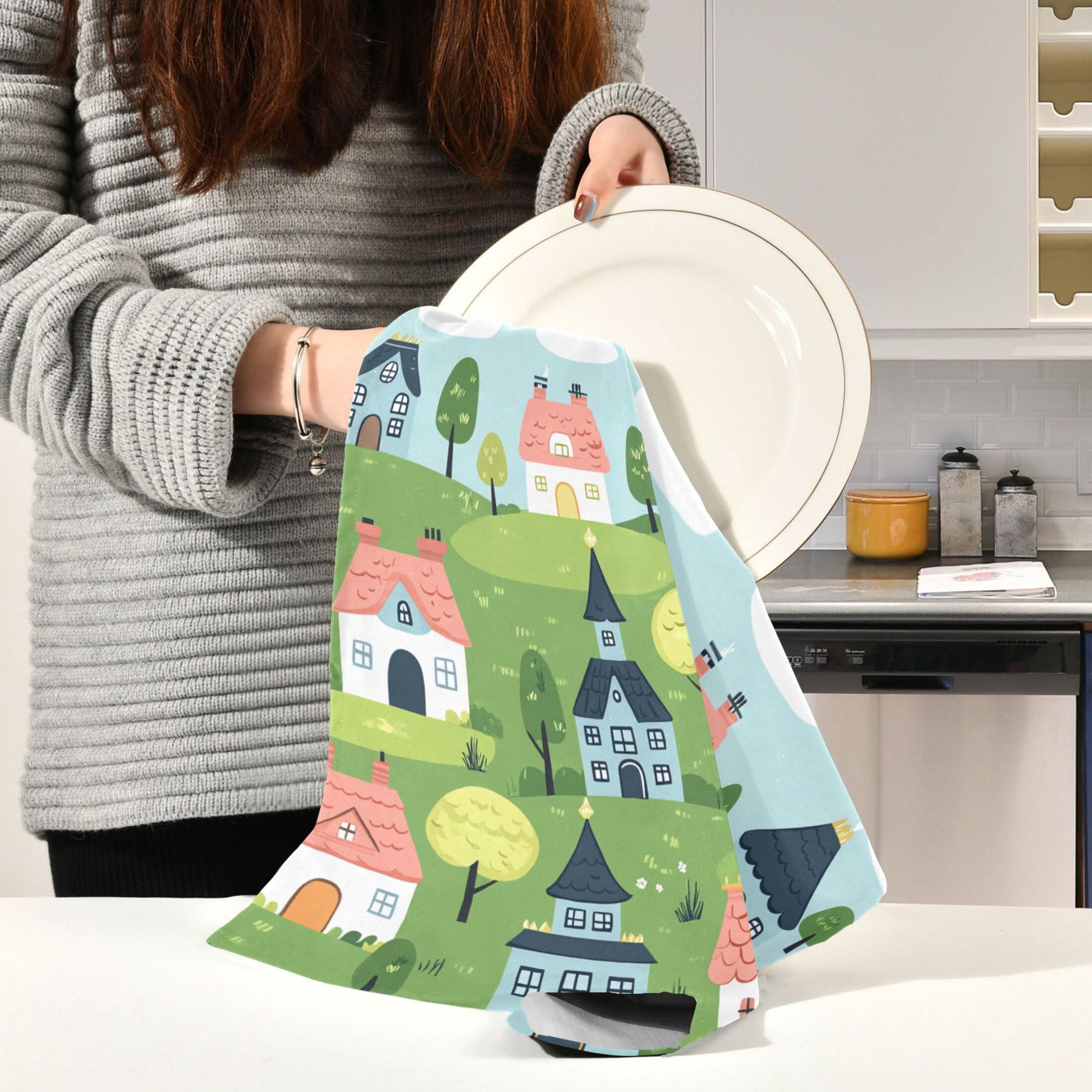 Fairytale House Scene Kitchen Towels 6-Piece Pack Tea Towels for Kitchen Decorative Waffle Design 28x18in