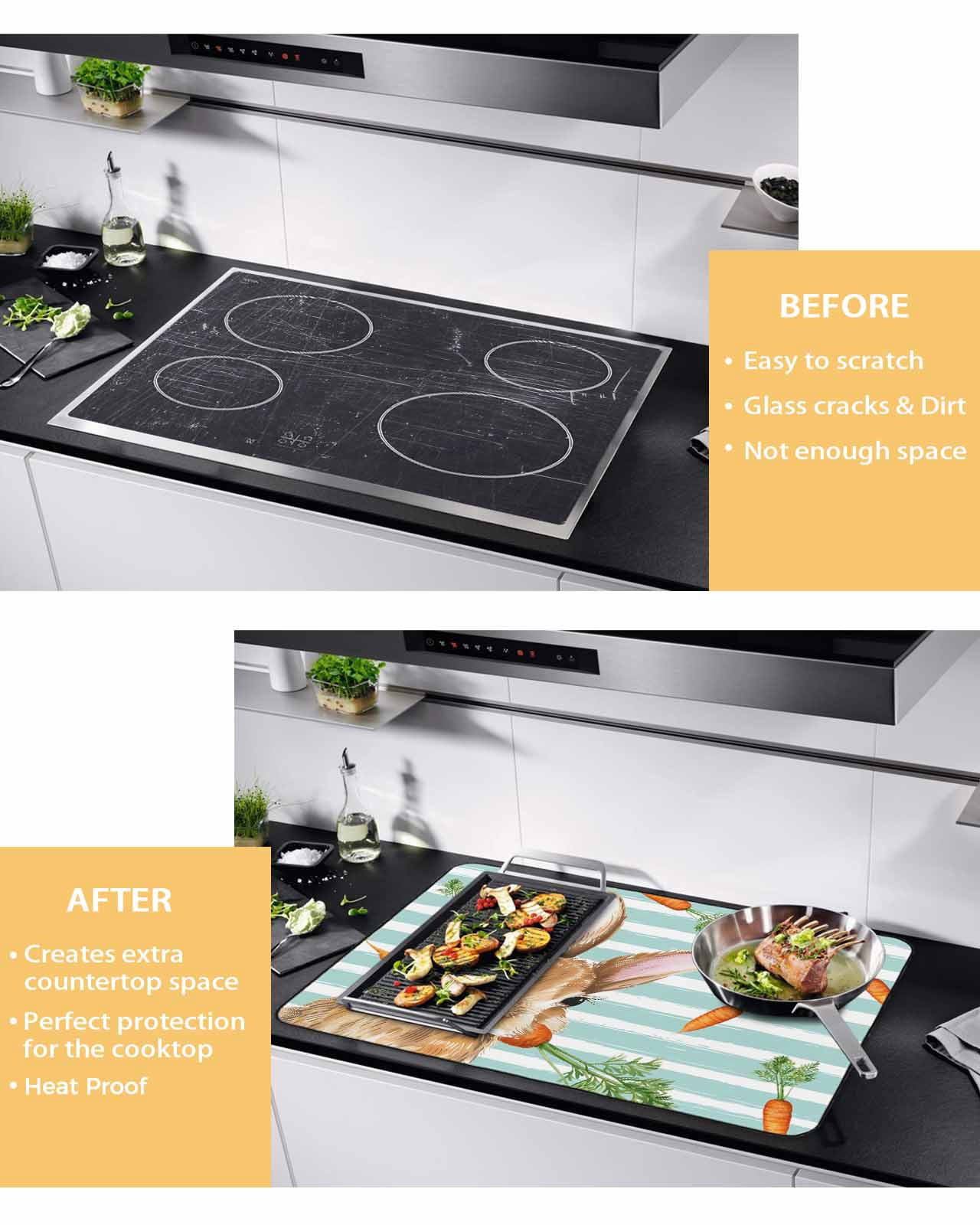 Large Induction Cooktop Protector Mat Easter Bunny Stove Top Covers for Electric Stove, Spring Rabbits Carrots Turquoise Stripes Decorative Stove Burner Cover Mats, Glass Top Stove Cover