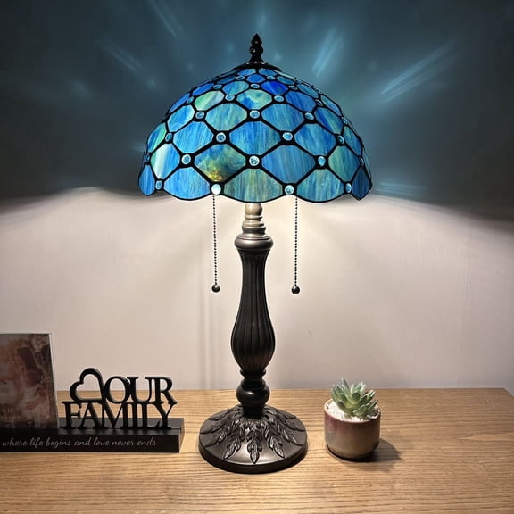 Stained Glass Table Lamp Blue Green Crystal Beans Included LED Bulbs for Living Room  Bedroom Bedside 12"W*12"D*22"H