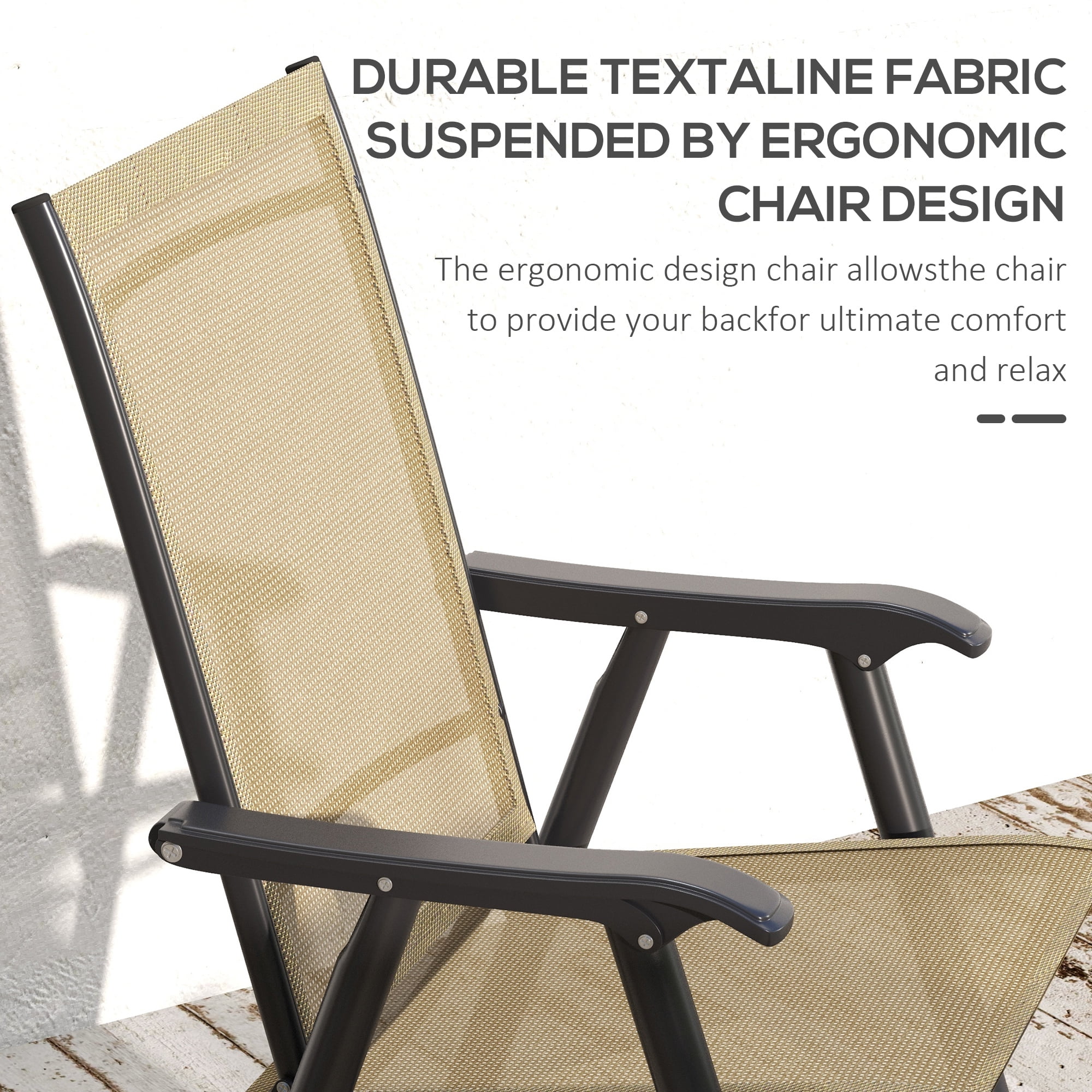 Set of 4 Patio Folding Chairs, Stackable Outdoor Sling Patio Dining Chairs with Armrests for Lawn, Camping, Dining, Beach, Metal Frame, No Assembly, Light Mixed Brown