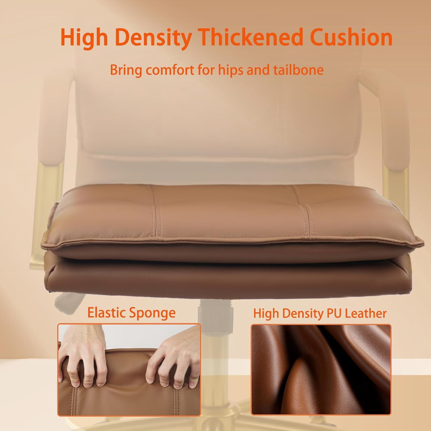CLATINA Leather Home Office Desk Chairs, Swivel Mid-Back Computer Chair with Golden Legs and Arms, Comfy Upholstered Task Chair with Wheels, Brown