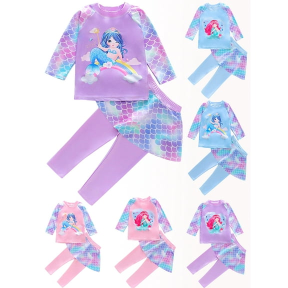 BULLPIANO Kids Girls Long Sleeve Swimsuits Skirt 2-Pieces Rash Guard Set Sun Protection UV 50 Tankini Swimwear 1-8 Years