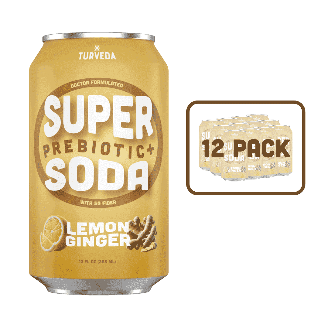 Turveda Super Prebiotic+ Lemon Ginger Pop Soda, Sparkling Drink, Modern Diet Soda 12 pack, 12 fl oz