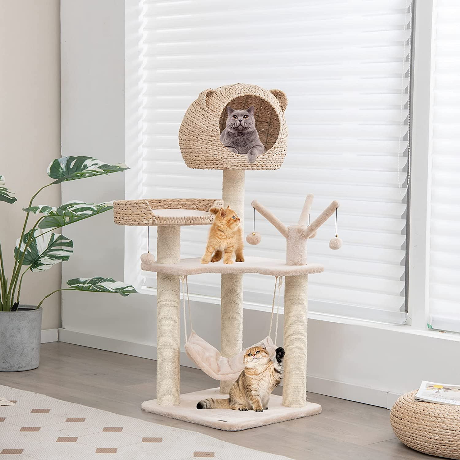 LEHOME Modern Cat Tree Tower, Multi-Level Tall Activity Center with Natural Sisal Scratching Posts, Hammock, Hand-Made Cattail Cute Condo with Funny Toy Balls
