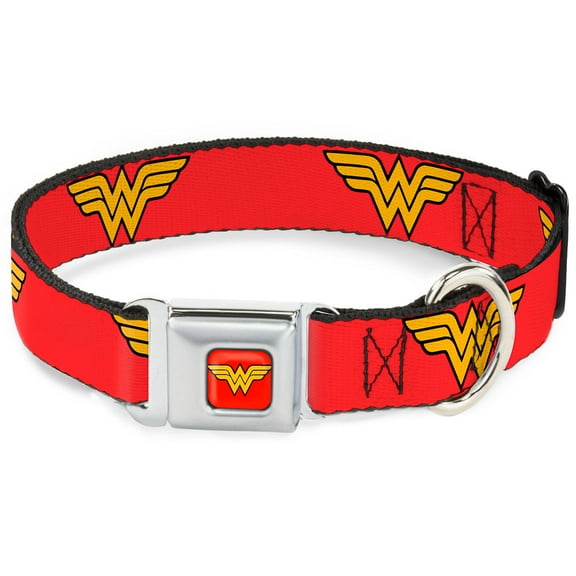 DC Comics Pet Collar, Dog Collar Metal Seatbelt Buckle, Wonder Woman Logo Red, 15 to 24 Inches 1.0 Inch Wide