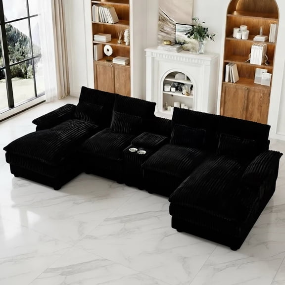Aisword 124" U Shaped Cloud Couch Sectional with USB Charging, Hidden Storage, Cup Holders & Chenille Double Chaise, Black