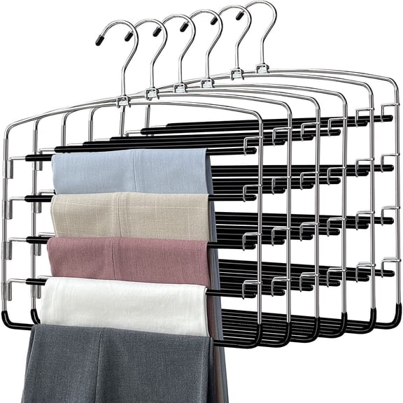 6 Pack Pants Hangers Space Saving, 5 Layer Tiered Non-Slip Stainless Steel Pants Hangers, Multi-Tier Pants Organizer Hangers, Swing Arm Space Saver Pants Hangers for Jeans Trousers