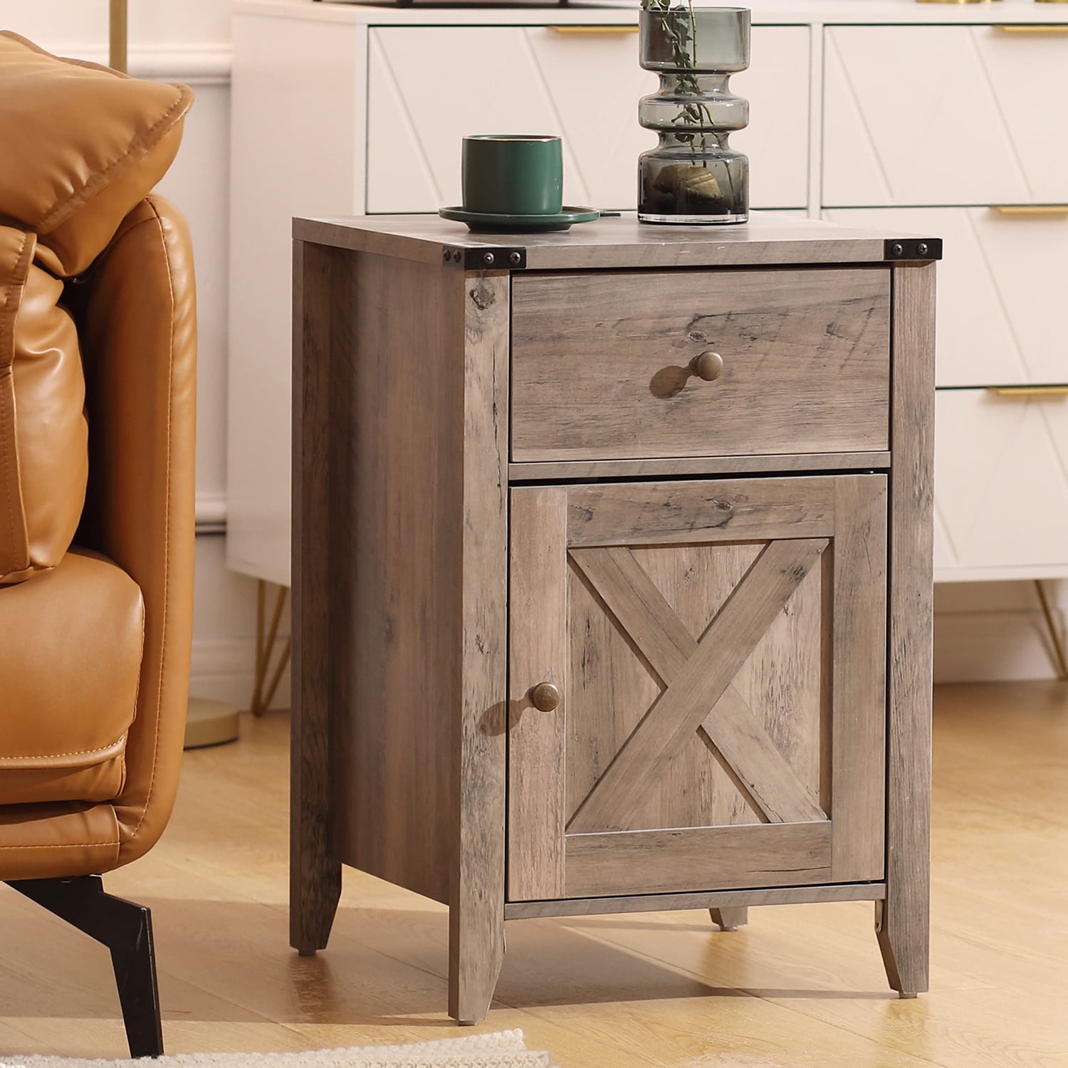 Tolead Barnwood Rustic Nightstand with Charging Station, Weathered Oak Style, Gray, 2 Pcs
