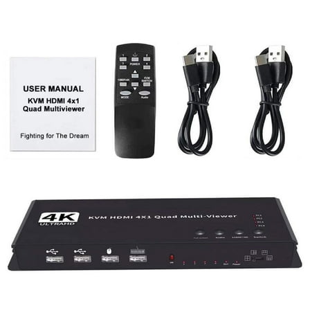 JIAHAOO HD 4 in 1 Out Quad Multiviewer KVM Switch for Multiple PCs, 4K 30Hz, Remote/Hotkey Control,Seamless Switching