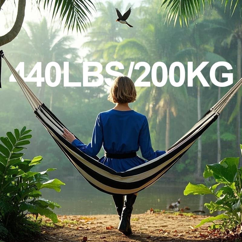 Double Hammock with Tree Swing Straps Holds 440lbs Capacity Hammock for Camping Outside Garden Outdoor Indoor Patio Backyard, Black White