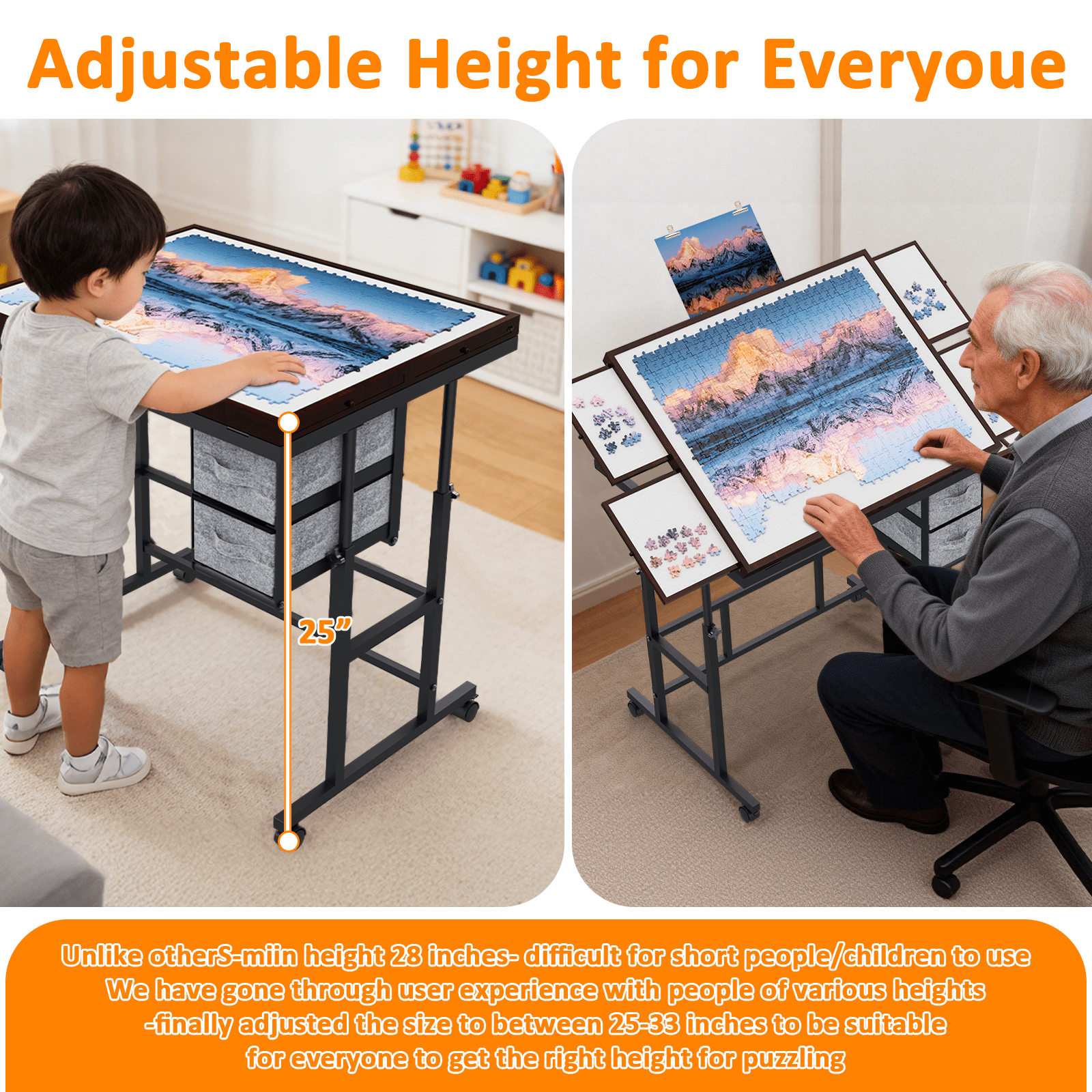 Jigsaw Puzzle Table with Legs and Wheels, Adjustable Height and Angles Puzzle Tables with 6 Drawers for Adults, with Protective Cover, 1500 Pieces, Coffee&Gray