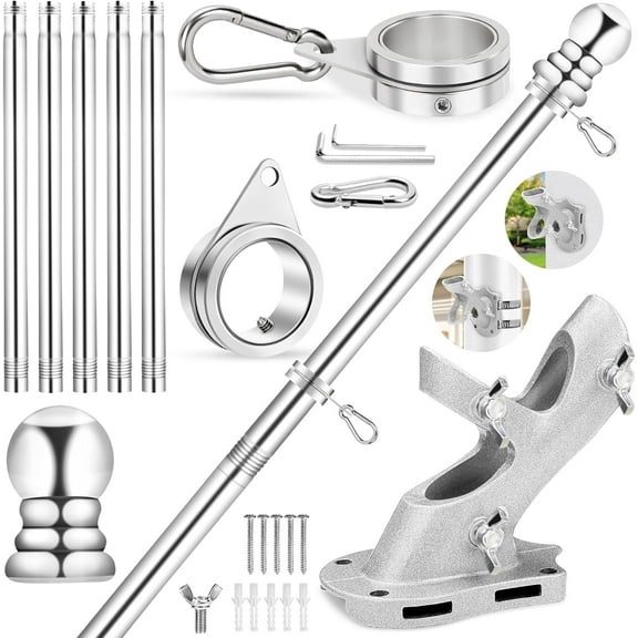 Flag Pole for House, 6 FT Stainless Steel Spinning Flag Pole Kit, 1" Rustproof Porch Flagpole with 360° Tangle Free Metal Flagpole Rings & 2-Position Bracket for Outdoor Sport for 3x5 Flags