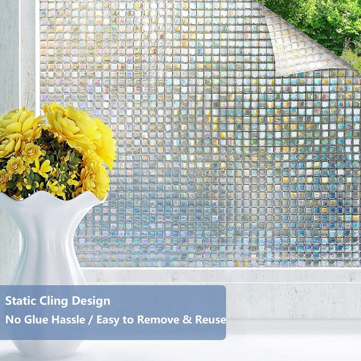 Window Privacy Film 3D Grid Pattern Static Cling to Glass Window Non-Adhesive Stained Glass Window Decals, Heat Control Anti-UV Sun Window Sticker, 3PCS of 17.7 x 78.7 inches, Totally 17.7"x236.2"