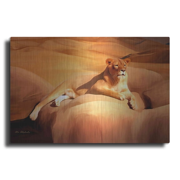 Luxe Metal Art 'Lioness On A Rock 2' by Ata Alishahi, Metal Wall Art, 24"x16"