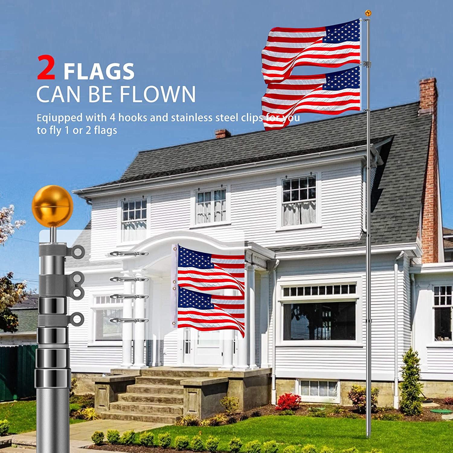 VIVOHOME 25FT Telescoping Flag Pole with 3x5 Polyester American Flag and Golden Ball