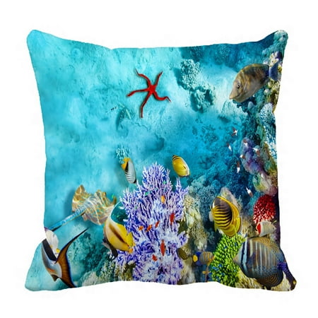 PHFZK Tropical Beach Pillow Case, Wonderful Underwater World with Starfish Seashell Coral Pillowcase Throw Pillow Cushion Cover Two Sides Size 18x18 (Best Seashell Beaches In The World)