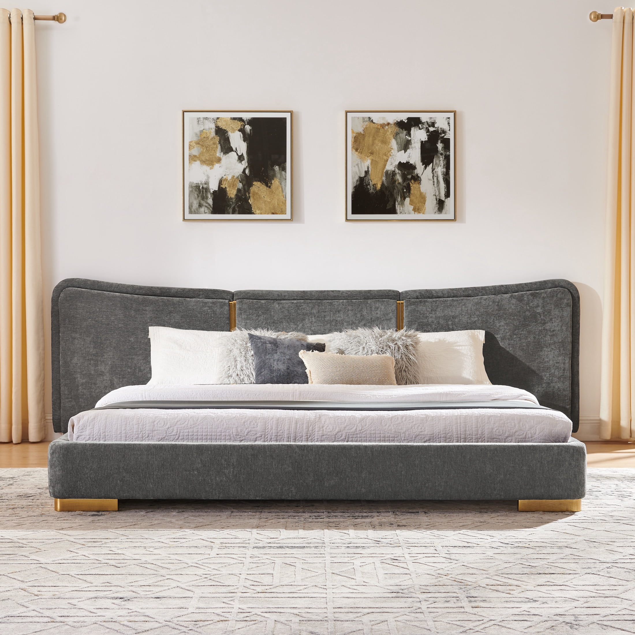 Noble House Zerra King Size Platform Bed, Chenille Upholstered Curved Headboard with Reinforced Metal Legs, Dark Gray