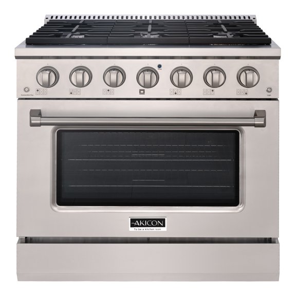 Akicon 36" Slide-in Freestanding Professional Style Gas Range with 5.2 Cu. Ft. Oven, 6 Burners, Convection Fan, Cast Iron Grates. Stainless Steel
