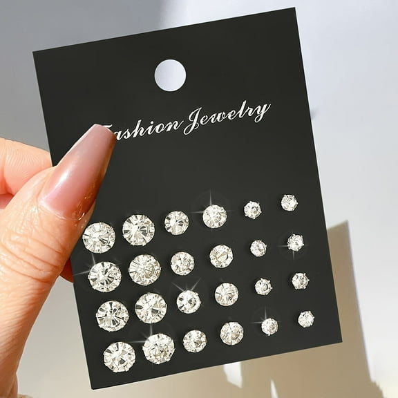 12-Pair Women’s Stud Earrings Set – Fashion Rhinestone Faux Ear Studs with Simple Needle Design, Stylish Jewelry for Daily Wear & Gift Giving