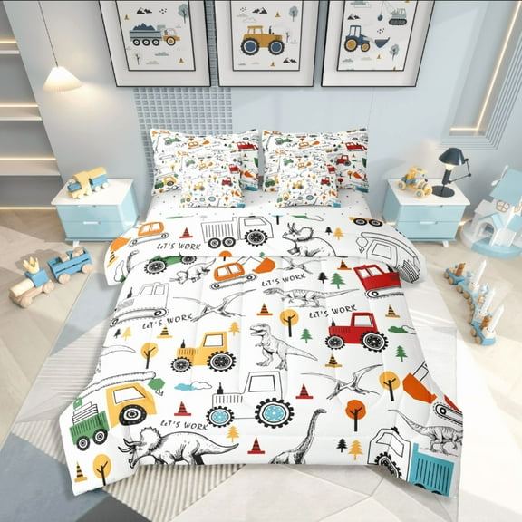 Castle Fairy Children Kawaii Tractor 7-Piece Twin Bedding Sets,Construction Vehicles Bedding Comforter Set,Cartoon Dinosaur Breathable Sheet Sets,Breathable Home Decor