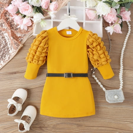 

Girls Dresses Winter Long Sleeve Solid Color with Belt Party Toddler Girl Clothes