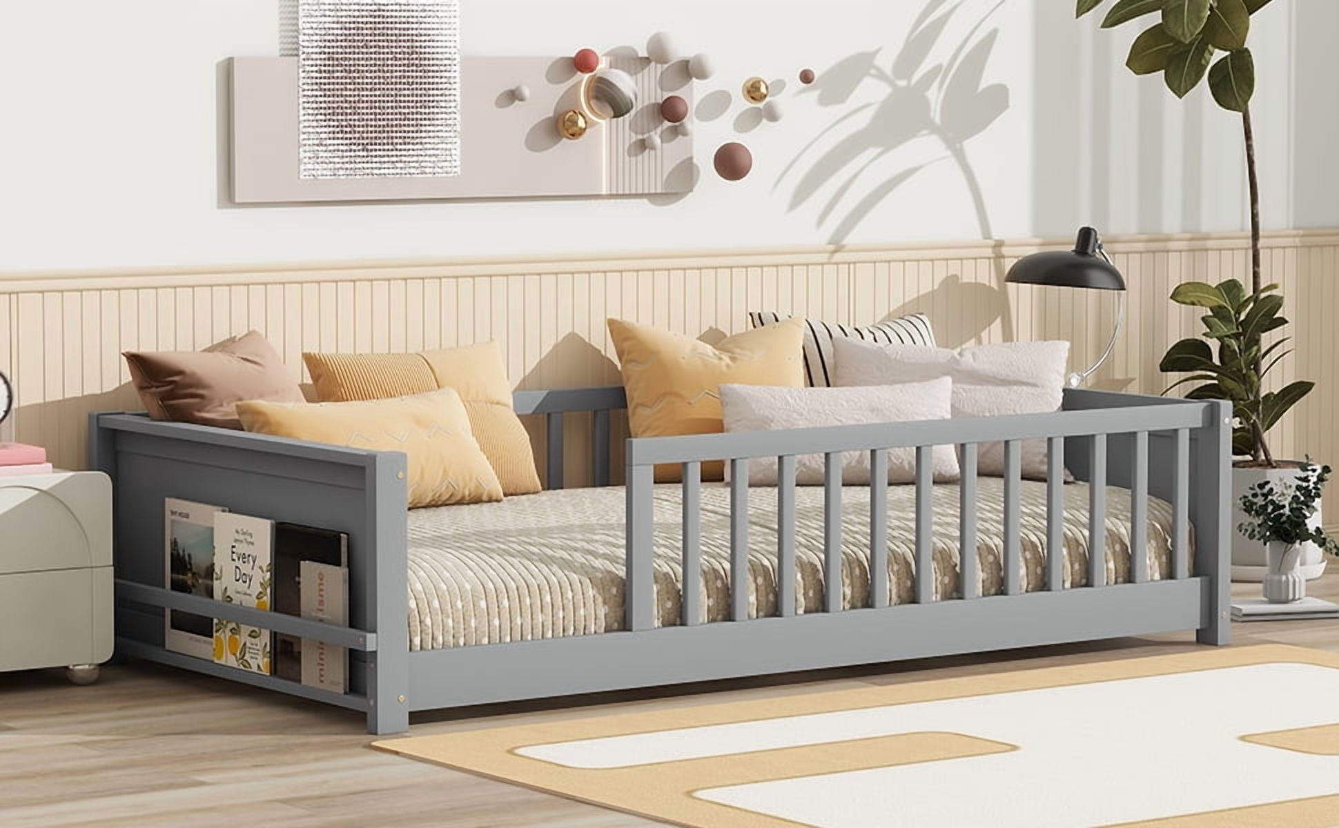 Yoneston Kids Twin Size Floor Platform Bed Frame with Built-in Book Rack Storage & Guardrails for Toddlers Teens Boys Girls Bedroom Furniture, Gray