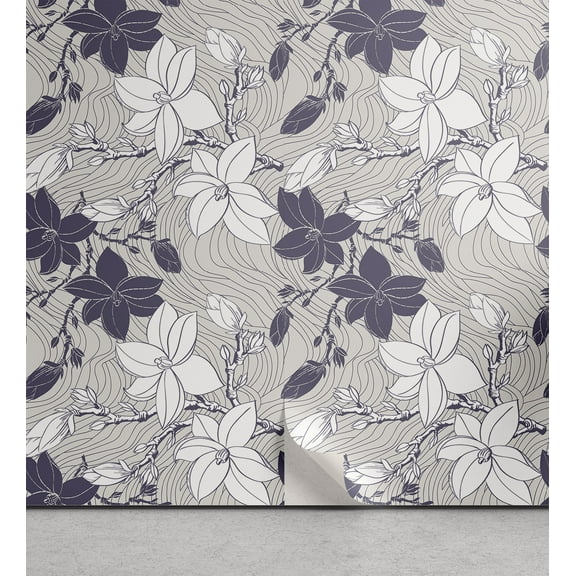 Ambesonne Vintage Peel & Stick Wallpaper for Home, Blooming Magnolia Buds, 13"x36", Dark Mauve Pale Grey