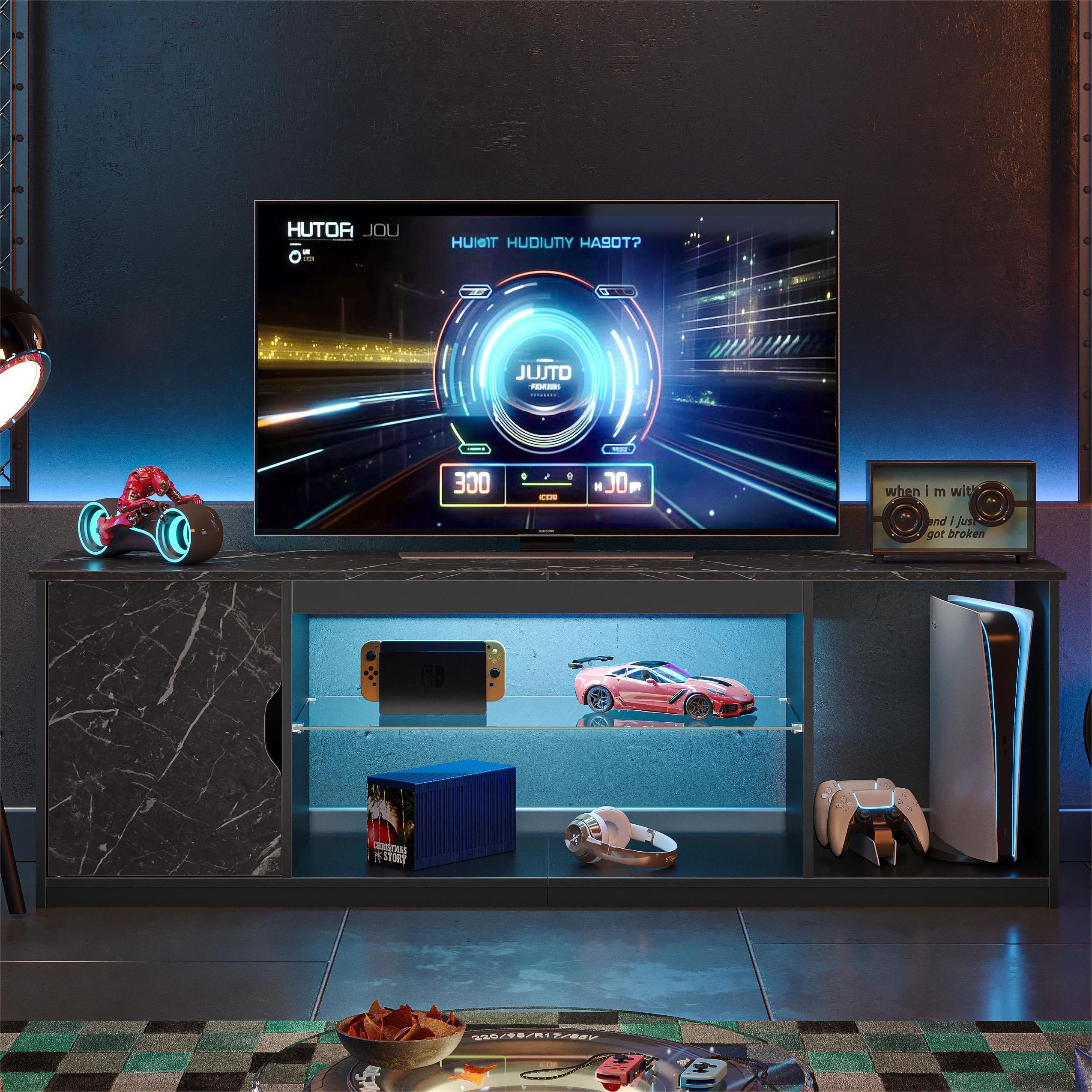 Bestier LED TV Stand for 60/65 inch TV PS5 Gaming Entertainment Center for TVs with Storage Cabinet for Living Room, Black Marble