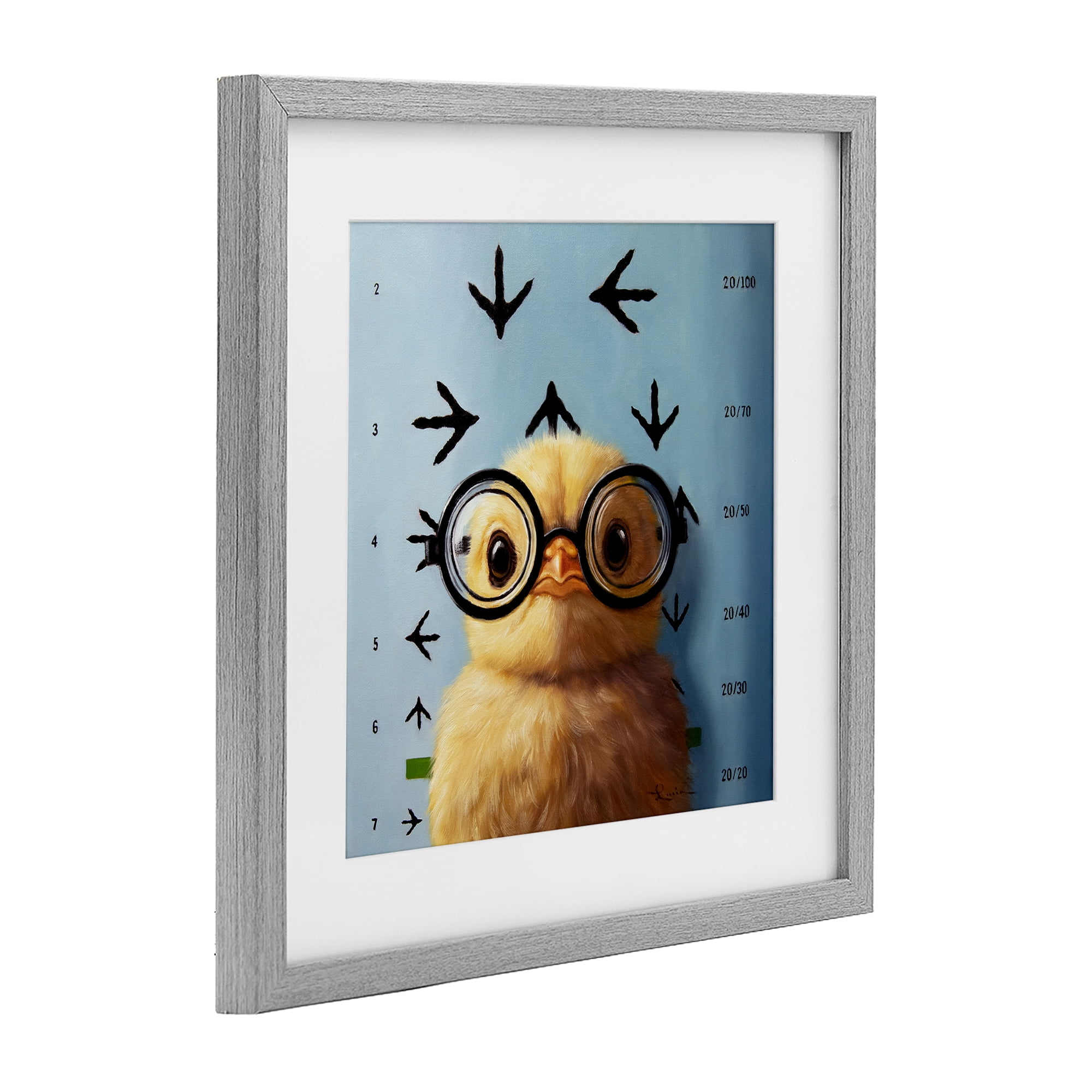 Four Eyes Chick Vision Gray Framed Print Under Glass, design by Lucia Heffernan
