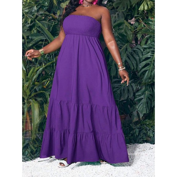 Purple Strapless Tiered Maxi Dress For Women Casual Summer Vacation Long Flowy Plus Size