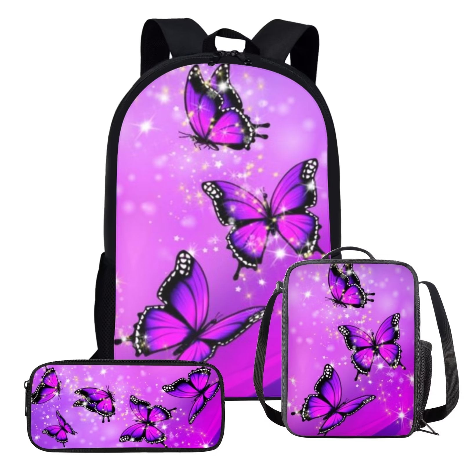 Suhoaziia Purple Butterfly Backpack 3Piece,Lightweight Shoulder