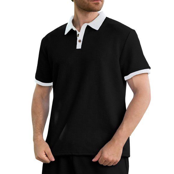 Adult Mens Polo T Shirts Short Sleeve Button Polo Tees Lightweight Black Clothes for Men