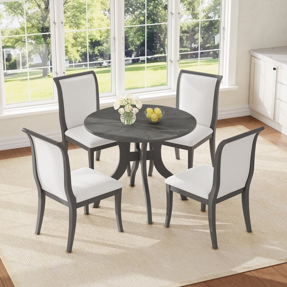 Gearwell Dining Table Set Kitchen Table Set Dining Set, 3-Piece Oak Gray Set with 39.4-Inch Round Inlaid Tabletop and 2 Curved-Leg Chairs for Dining Room