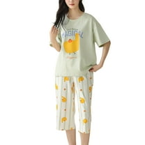 Defitshape Women's Capri Pajama Set Crew Neck Pjs Short Sleeve Cute 100 Cotton Cartoon Printed Elastic Summer Fashion Elastic Band Pj Sleepwear Style2 Large