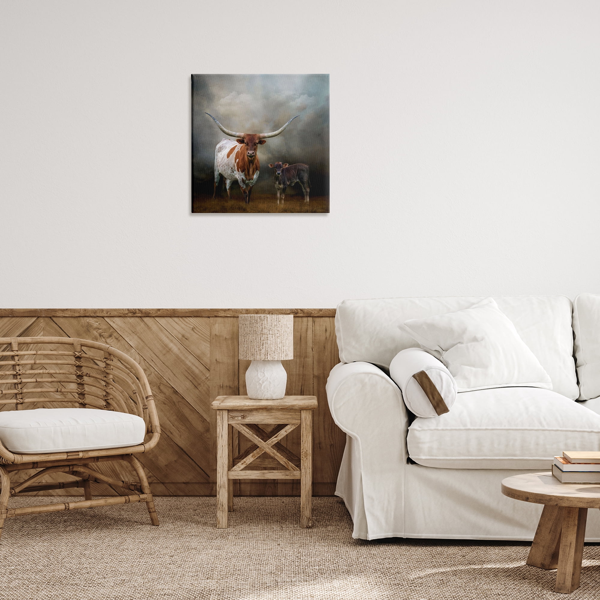 Stupell Industries Longhorn & Calf Babysitter Animals & Insects Painting Gallery Wrapped Canvas Art Print Wall Art, 24 x 24