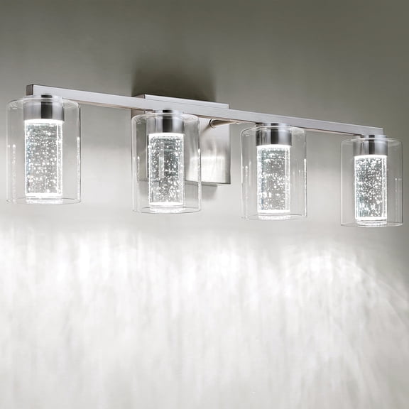 SineRise 4-Light Brushed Nickel Vanity Light with 3 Color Modes (3000K/4000K/6000K), Eye Protection LED Bathroom Light Fixture, Dimmable Modern Wall Light Over Mirror with Clear Glass Shade