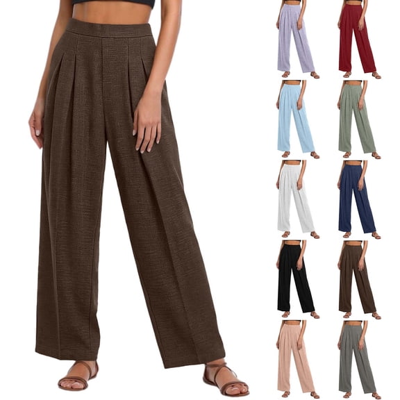 ZVAVZ Cotton Gauze Pleated Pants for Women High Waist Beach Baggy Pants Solid Straight Wide Leg Vacation Pants Red S