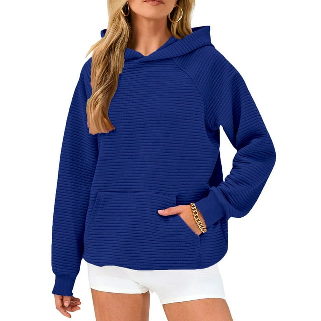 Womens Oversized Hoodies Waffle Sweatshirts Fall Fashion Pullover Sweaters Winter Clothes Blue L