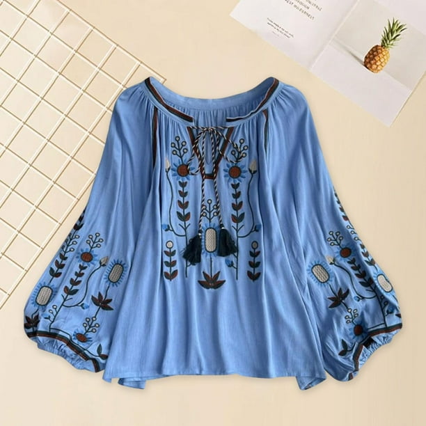 Blusa bordada para mujer, Tops informales con cuello en V, Tops bohemios elegantes bordados florales Azul