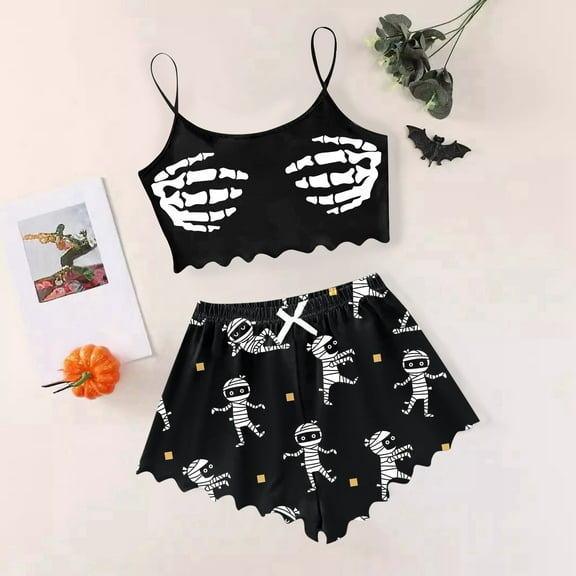 Pajamas for Women 2 Pieces Halloween Funny Skeleton Printed Spaghetti Straps Sleeveless Vest Elastic Waist Shorts Lounge Set Comfortable Lightweight Casual Halloween Pajamas Black L