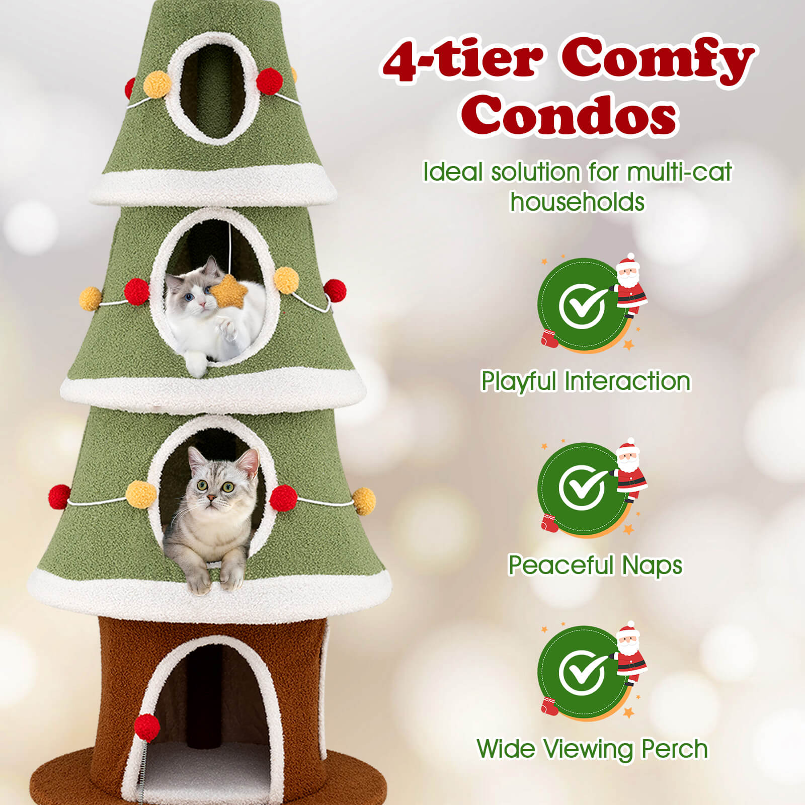 Costway 61”Large Christmas Cat Tree with 4 Condos, Sisal Carpet, Dangling Ball, Spring Toy